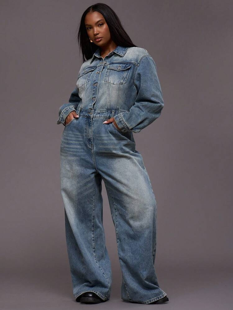 MUSERA Plus Washed Denim Wide Leg Boiler Jumpsuit Autumn Winter Everyday Casual Cool Girl Streetw... | SHEIN
