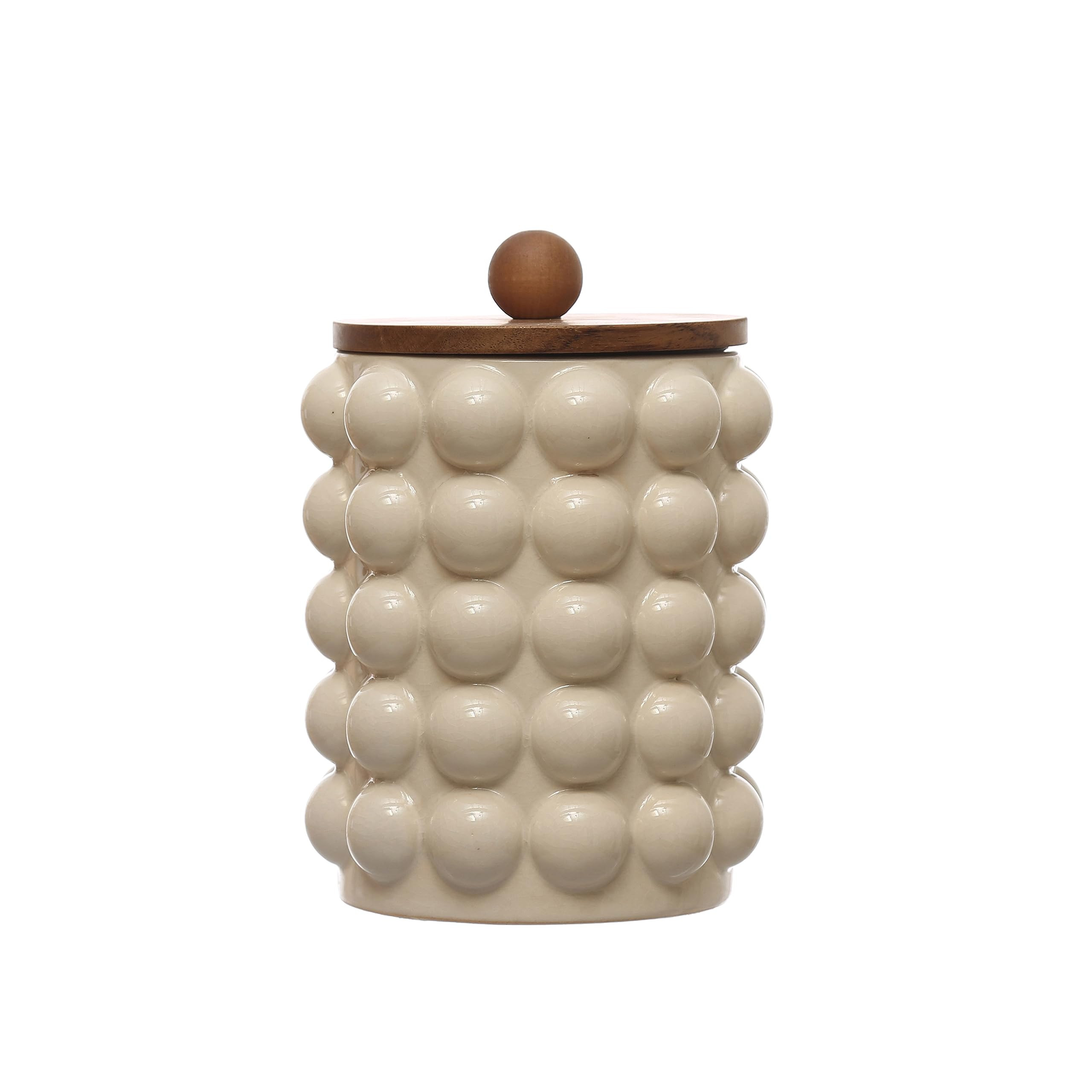 5.75 Inches Round Stoneware Canister with Raised Dots and Acacia Wood Lid, White and Natural | Amazon (US)