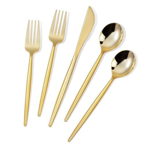 MirthMood 60 PCS Gold Plastic Silverware,Gold Disposable Utensils, disposable silverware heavy duty, 20 Forks, 20 Spoons, 20 Knives, Perfect for Party, Wedding and Daily Use | Amazon (US)