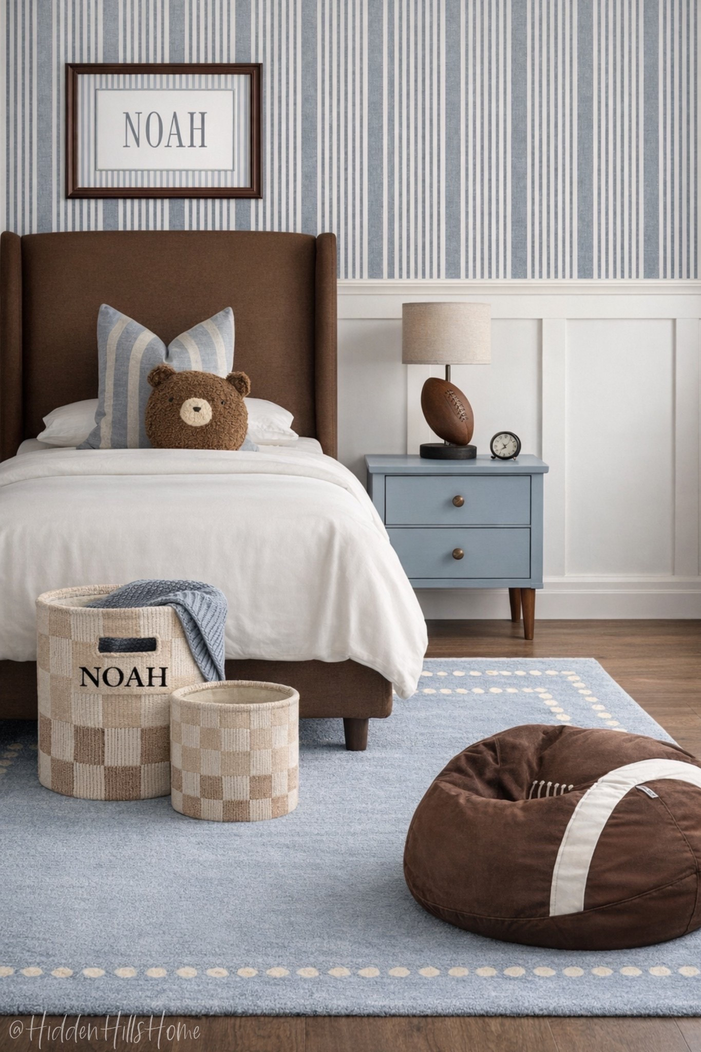 Boys bedroom decor, toddler boys room design, boys room mood board, home decor ideas, twin bed, blue and brown boys bedroom