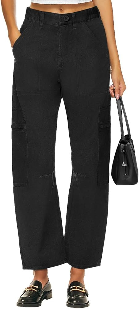 Lepunuo Womens Barrel Cargo Pants Casual Baggy Stretchy Elastic Waisted Wide Leg Jeans Y2k Streetwear with 6 Pockets | Amazon (US)