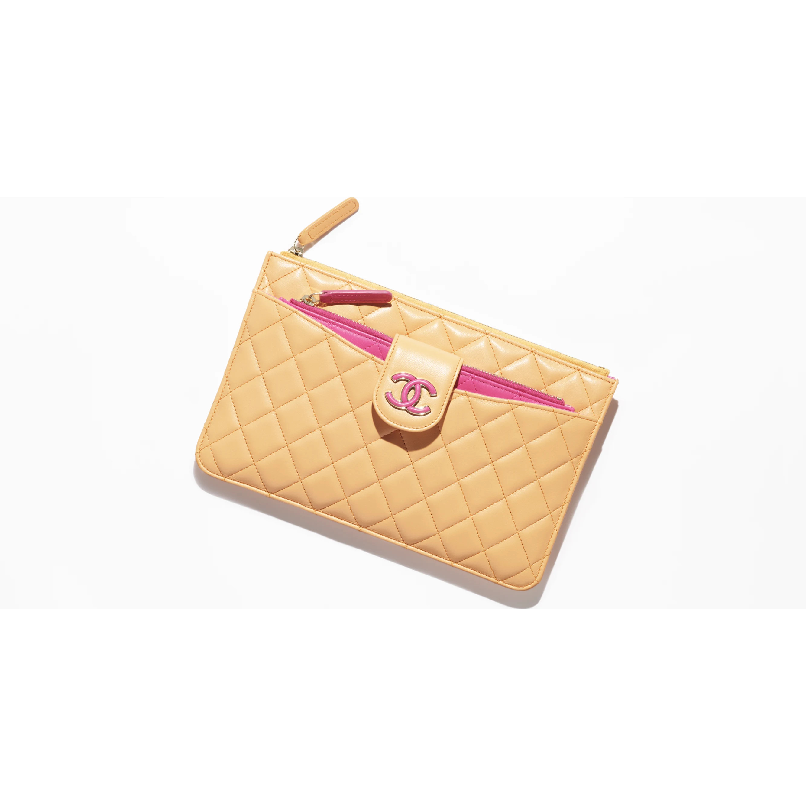 Pouch - Lambskin & gold-tone metal, orange & dark pink — Fashion | CHANEL | Chanel, Inc. (US)