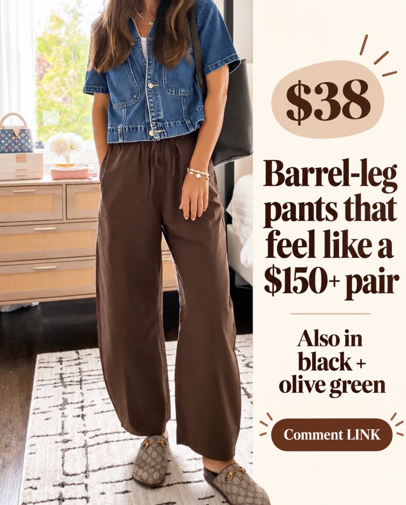 These $38 barrel-leg pants feel like a $150+ pair! They come in black and olive, too. 
💬Comment LINK and I’ll send you the details.