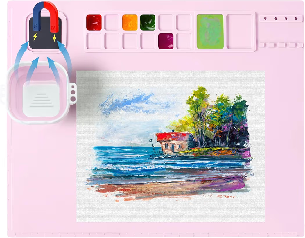 Silicone Painting Mat, Art Mat with Magnetic Cup, Craft Paint Brush Cleaner, Pink Painting Mat fo... | Amazon (US)