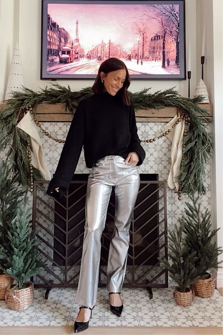 Holiday outfit wearing silver pants 
These are short gal friendly- they are more of a midrise fit, I’d prefer a high rise, other than that they’re Tts. 
Cashmere sweater is Tts wearing an xs 
Shoes are from last year but they brought them back, they run Tts 

#LTKHoliday
