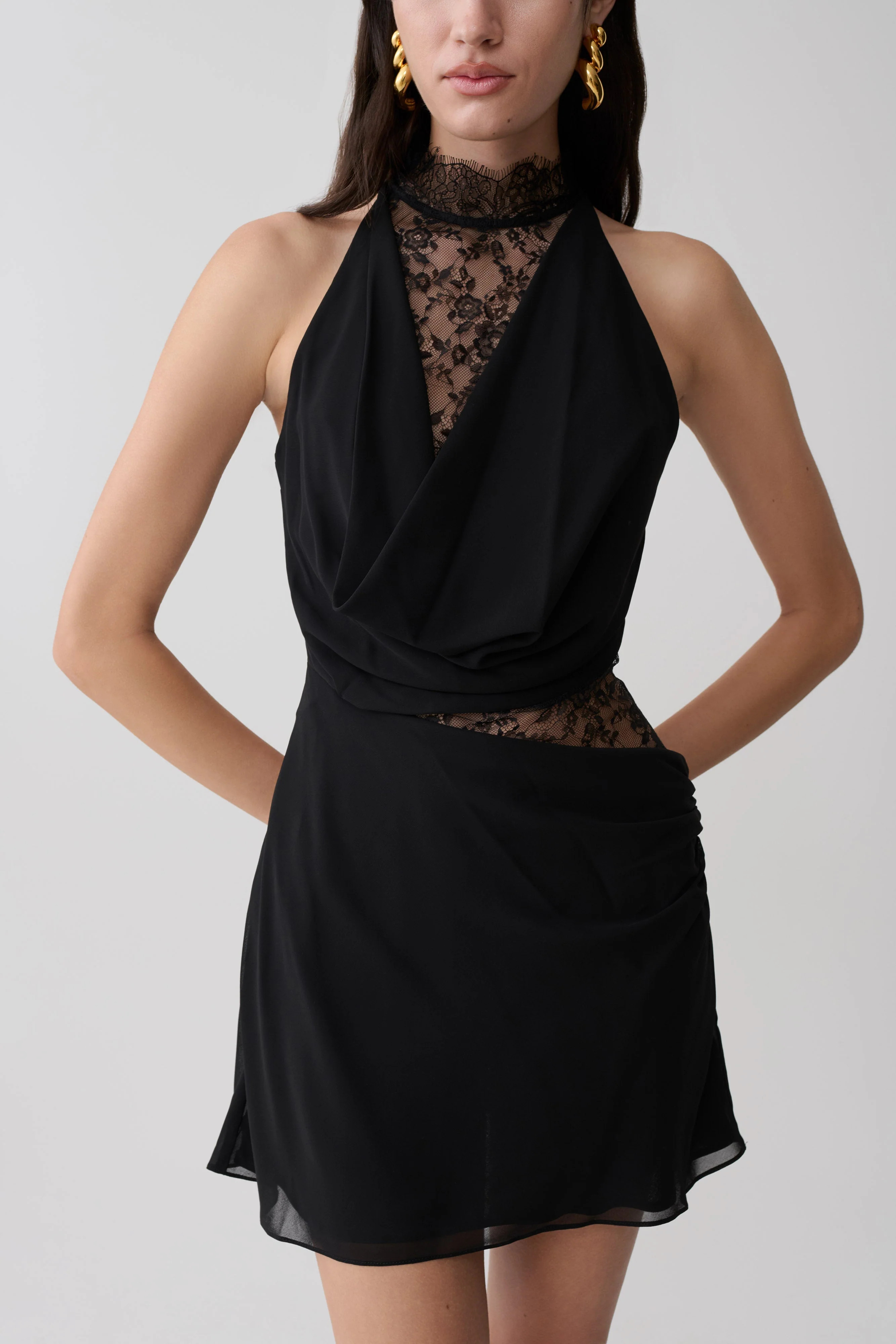 Arra Chiffon And Lace Halter Mini Dress / Black | MESHKI | XXS | MESHKI US