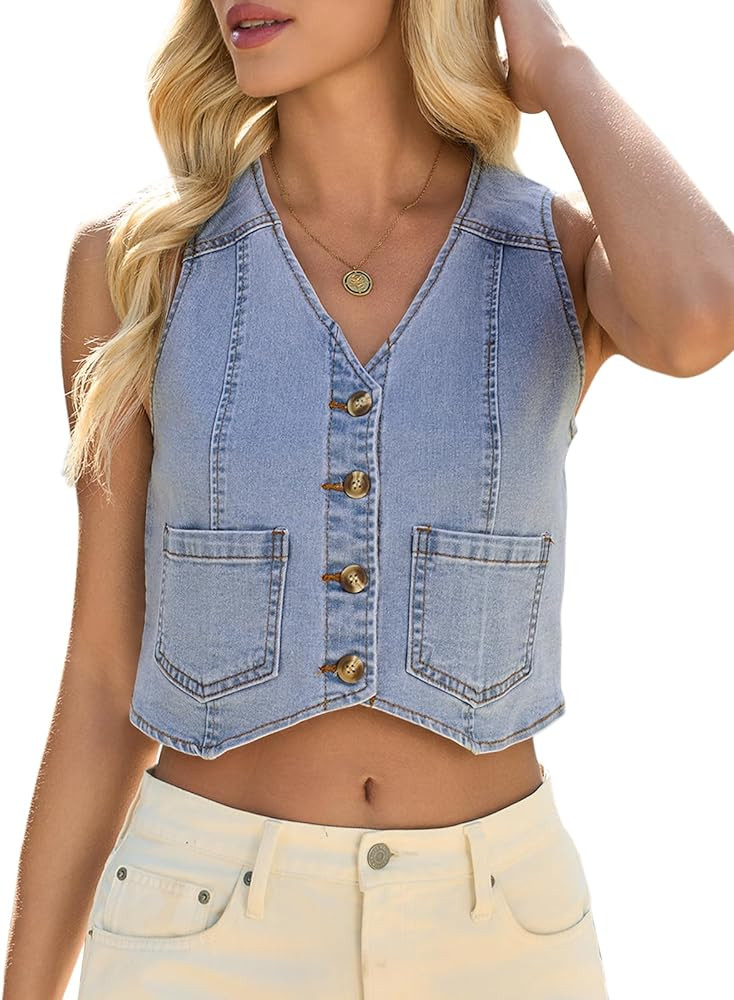 Yousify Women's Summer Tops Denim Vest Sleeveless V Neck Button Down Jean Y2k Crop Jacket With Po... | Amazon (US)