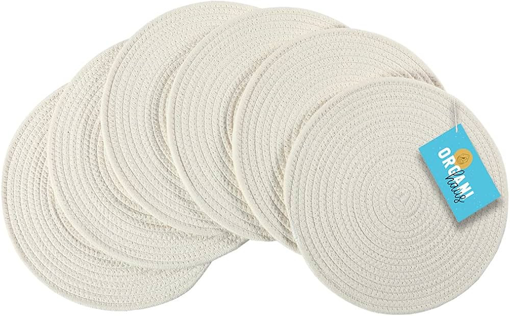 OrganiHaus White Farmhouse Placemats | Set of 6 Round Woven Placemats | Heat Resistant Circle Cot... | Amazon (US)