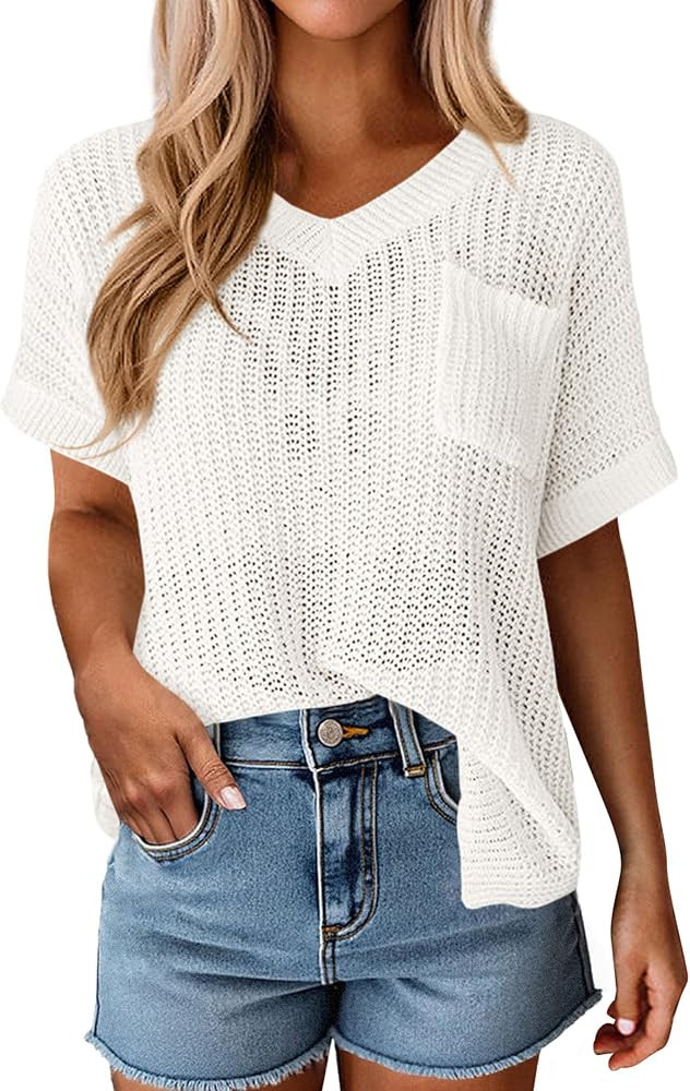 PRETTYGARDEN Women's 2026 Spring Short Sleeve Sweaters Lightweight V Neck Casual Going Out Summer... | Amazon (US)