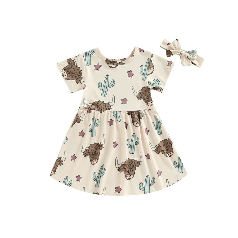 Genuiskids Western Toddler Baby Girl Clothes Short Sleeve Cactus Cow Print A-Line Dress Headband ... | Walmart (US)