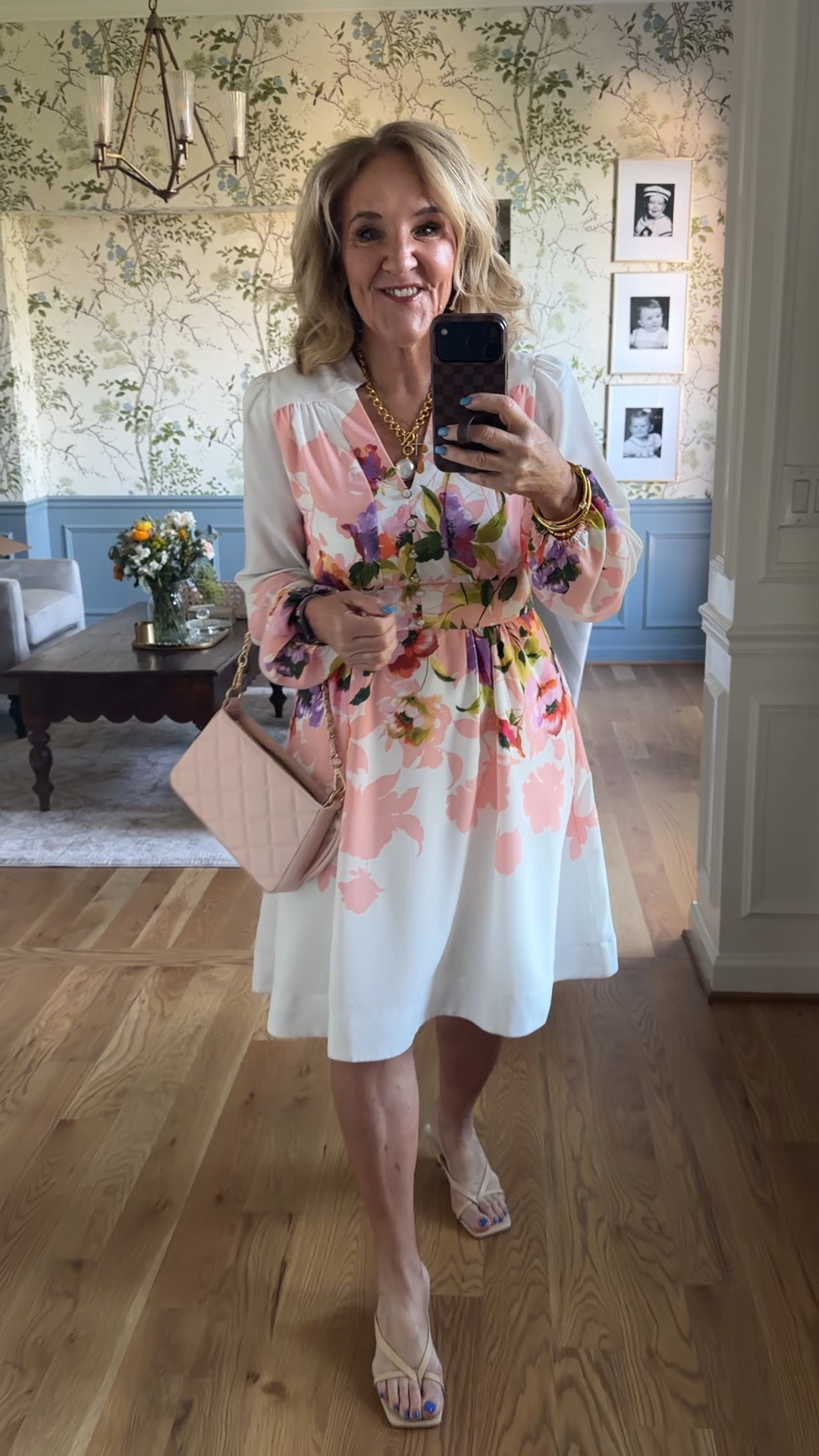 Dress size 8. Size up if you’re thicker in the middle. Perfect for graduations, baby showers, prob not weddings though. Too much white. 
Pink leather purse is on sale 
These sandals are the perfect spring summer shoe for all your elevated needs  

#LTKPetite #LTKOver40 #LTKSeasonal