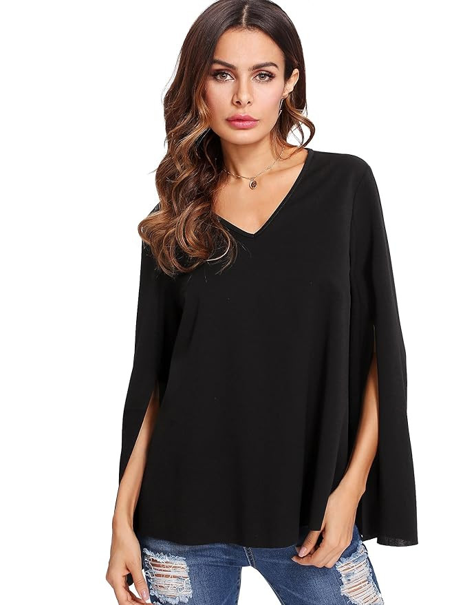 Floerns Women's V Neck Solid Long Split Sleeve Chiffon Blouse Tops | Amazon (US)