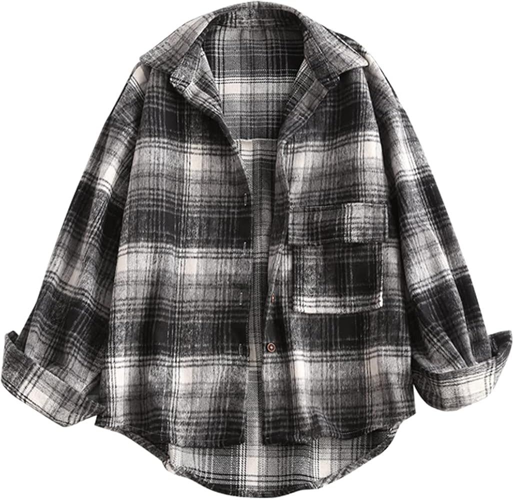 ZAFUL Women's Plaid Long Sleeve Shirt Button Down Thin Jacket Casual Flannel Plaid Shacket with P... | Amazon (US)