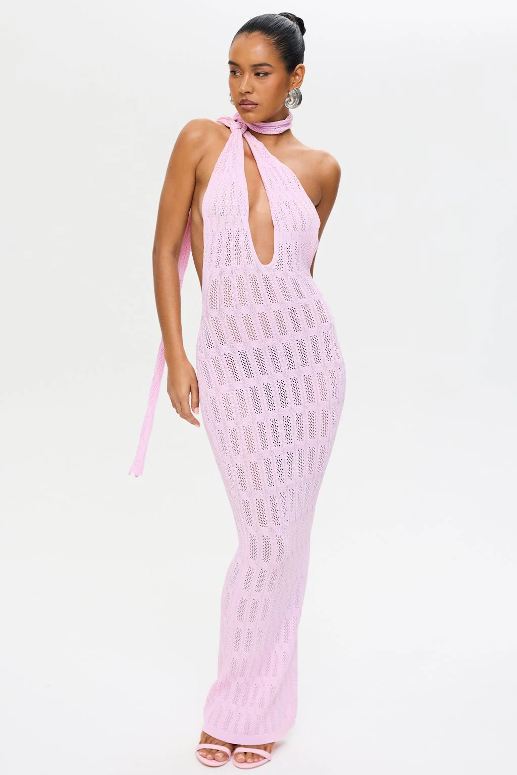 LUNAR KNITTED HALTER MAXI DRESS IN PINK | Murci