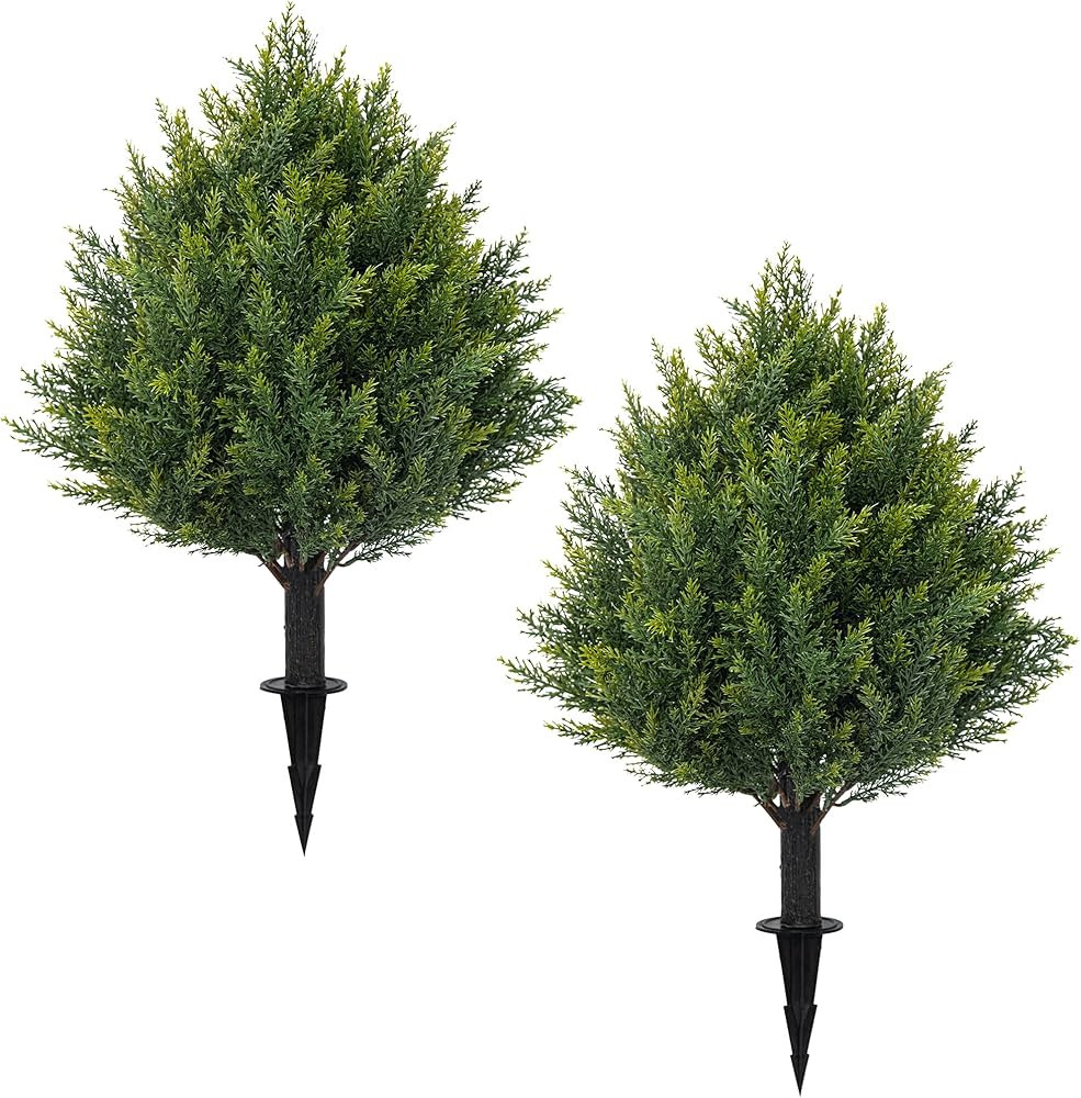 24.8" Artificial Cedar Topiary Ball Trees with Ground Spike, Set of 2 Faux Cypress Plants UV Resi... | Amazon (US)