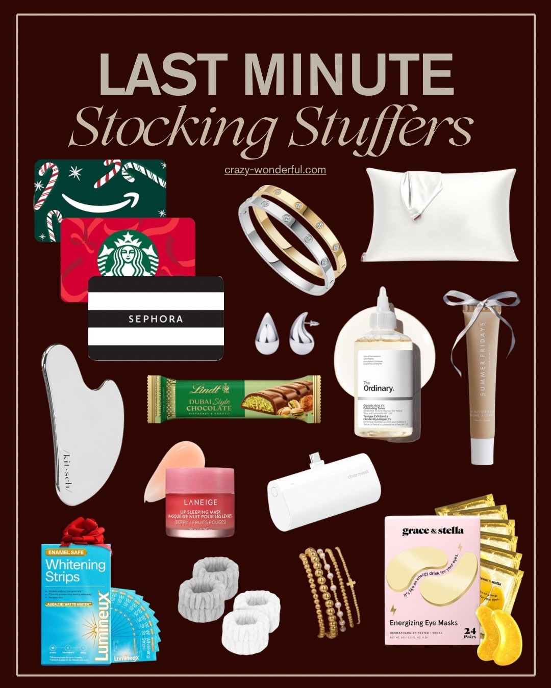 🎅🏼 Last Minute Gifts and Stocking Stuffers for Her and Teen Girls

These gifts will arrive before Christmas!

Amazon digital gift card, Starbucks digital gift card, Sephora digital gift card, silver and gold cuff bracelets, silver teardrop earrings, Amazon jewelry, Kitsch silk pillowcase, eye masks, laneige lip sleep mask, gua sha tool, gold beaded bracelet stack, teeth whitening strips, The Ordinary glycolic acid toner, summer fridays lip balm, Dubai chocolate, fashion washing wrist bands, portable phone charger 



#LTKGiftGuide #LTKSeasonal #LTKHoliday