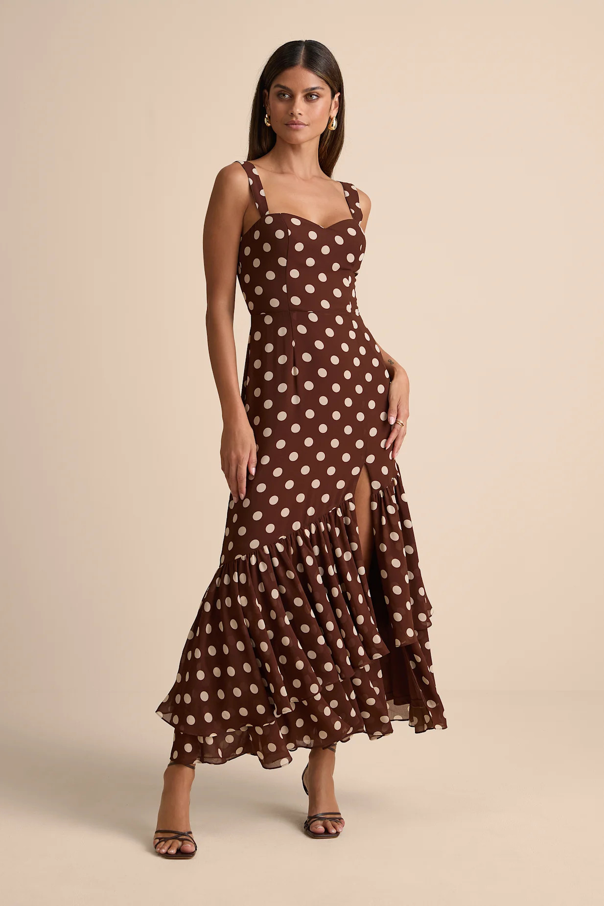 Raynelle Brown Polka Dot Lace-Up Tiered Maxi Dress | Lulus