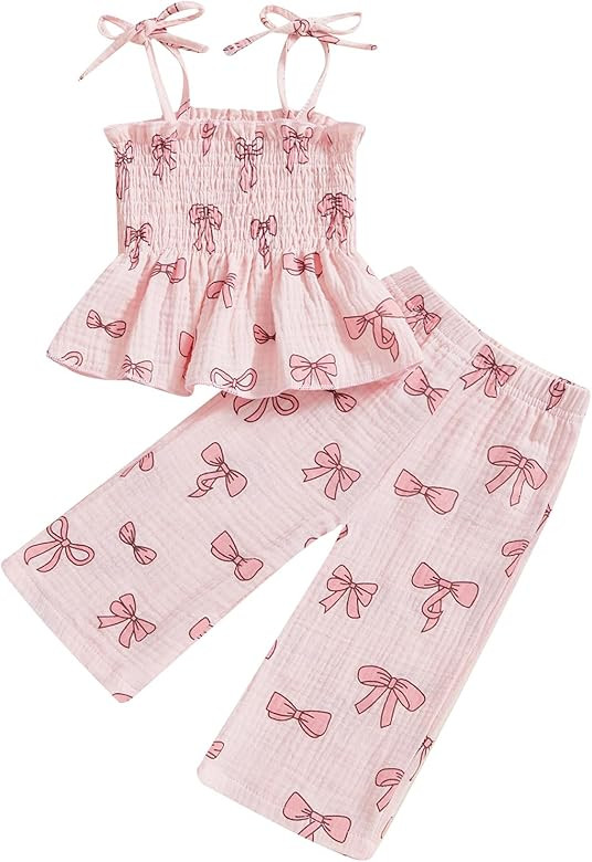 VISGOGO Valentines Day Baby Girl Outfits Sleeveless Smocked Strap Camisole Linen Pants Heart/Bow ... | Amazon (US)
