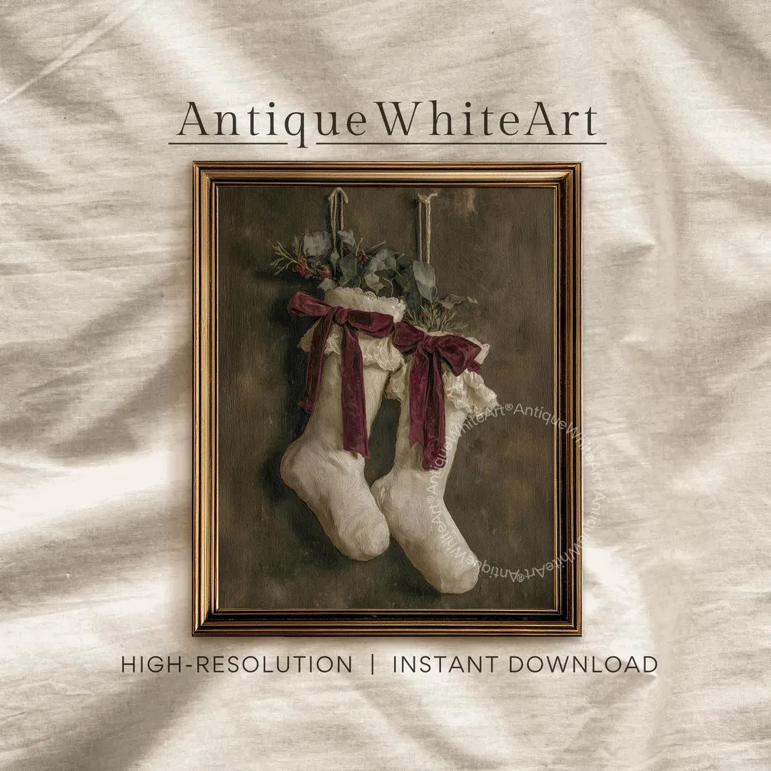 Vintage Christmas Stocking Art Print: Rustic Holiday Wall Decor, Digital Download | W185 - Etsy | Etsy (US)