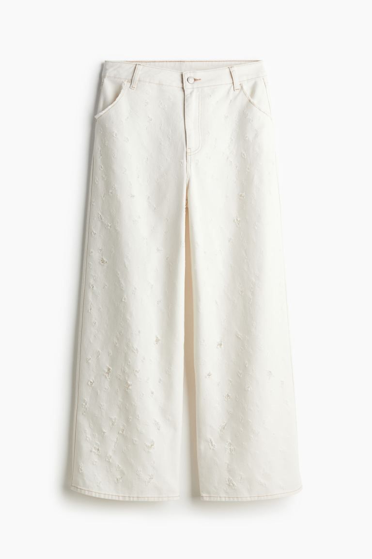 Frayed-edge Twill Pants - Regular waist - Long - Cream - Ladies | H&M US | H&M (US + CA)