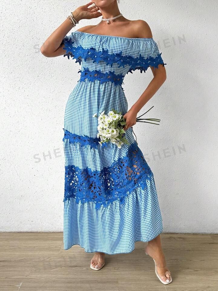SHEIN Frenchy Ladies' Off Shoulder Gingham Ruffle Hem Midi Dress | SHEIN