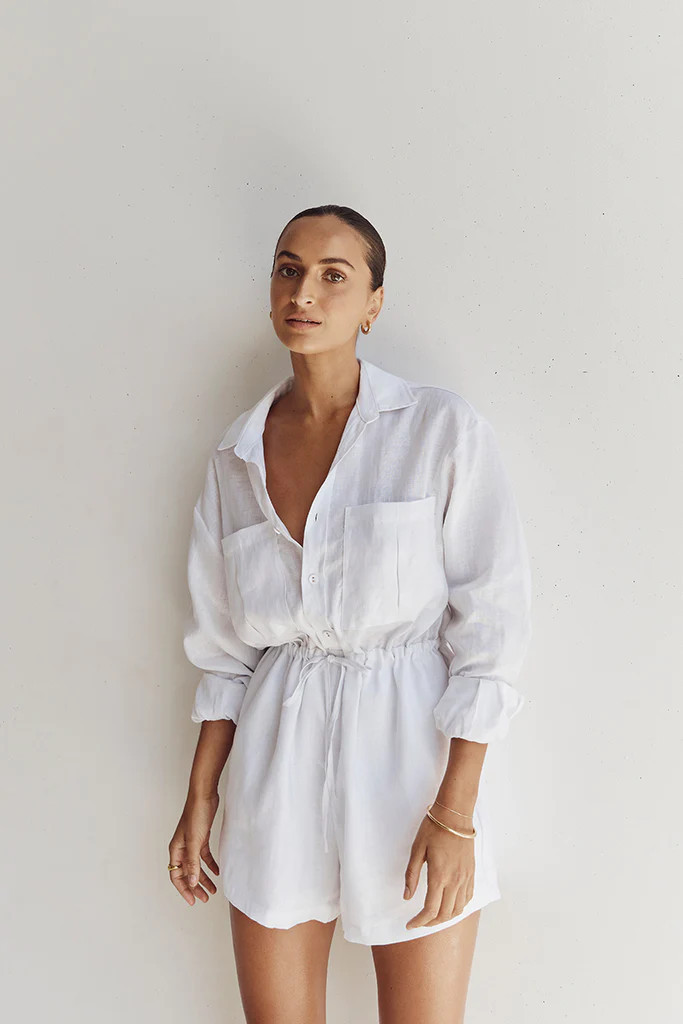 MAXIE WHITE LINEN SHIRT ROMPER | DISSH
