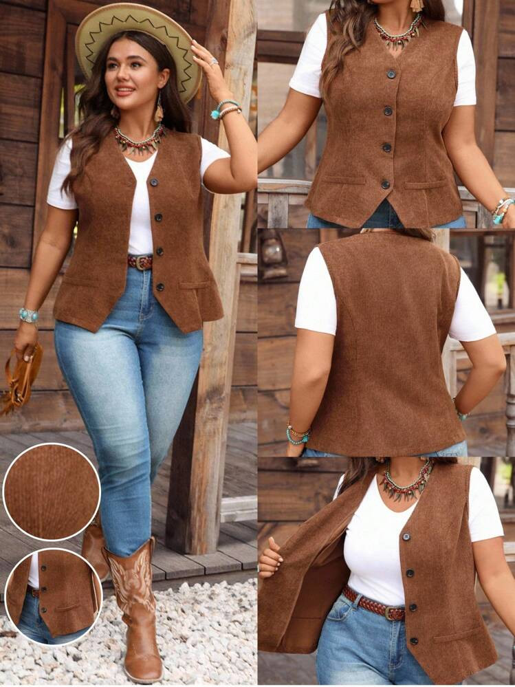 EMERY ROSE Plus Size Women Autumn Solid Color Corduroy Single Breasted Open Front Vest Jacket,Plus Size Women,Summer/Fall,Streetwear Women,Country Concert,Old Money Style Women, Plus Size Western Vest, Plus Size Corduroy Vests,Suitable For Early Autumn,Going Out,Western ,Women Vacation,Early ,Fall Women,Winter For Women,Fall Clothes For Women | SHEIN