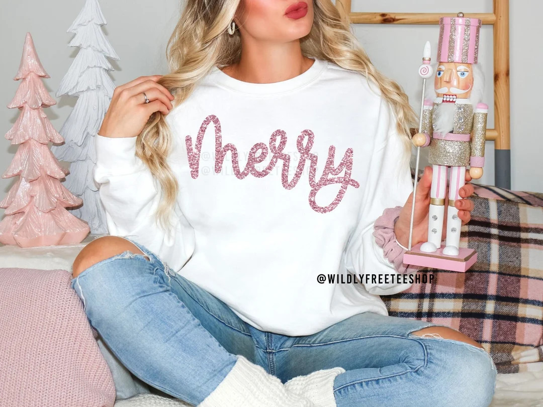Sparkly Glitter Merry Sweatshirt: Holiday Crewneck Pullover - Christmas Sweater - Etsy | Etsy (US)