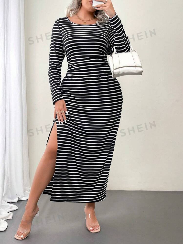 SHEIN LUNE 2pcs Plus Size Women Striped Print Round Neck Long Sleeve Top & Skirt Set | SHEIN USA | SHEIN
