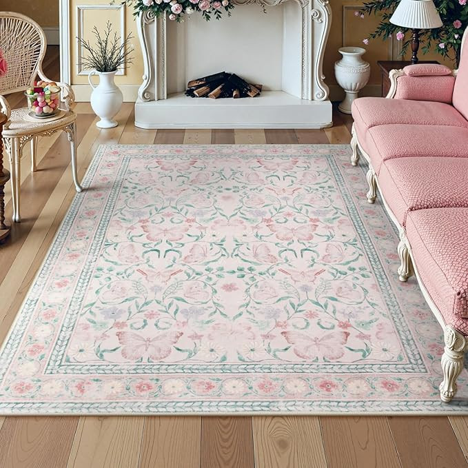Lahome 5x7 Butterfly Pink Rugs for Bedroom, Soft Pink Floral Washable Area Rug for Nursery Classr... | Amazon (US)