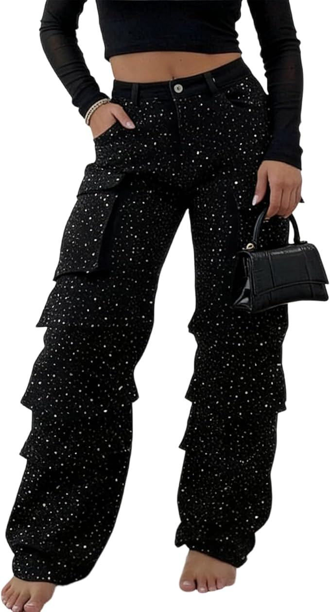 Women's Rhinestone Cargo High Waisted Straight Leg Jeans | Amazon (US)