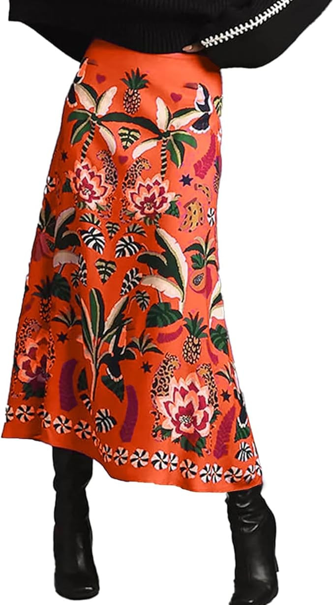 Womens Midi Skirt Tropical Floral Print Satin Skirt High Waisted Spring Summer A Line Long Skirts | Amazon (US)