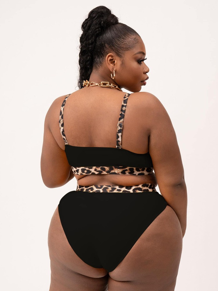 Plus Leopard Trim Bikini Swimsuit | SHEIN