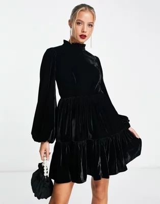 ASOS DESIGN premium velvet mini smock dress with pie crust neck in black | ASOS (Global)
