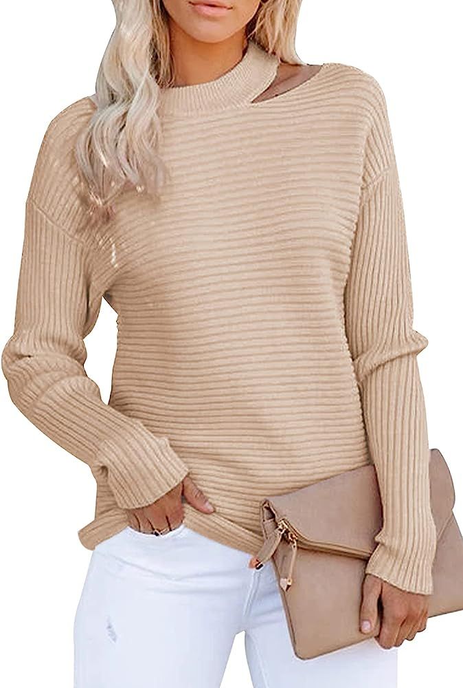 KIRUNDO 2021 Women’s Sweaters Halter Neck Off Shoulder Long Sleeves Knit Sweater Loose Solid Pu... | Amazon (US)
