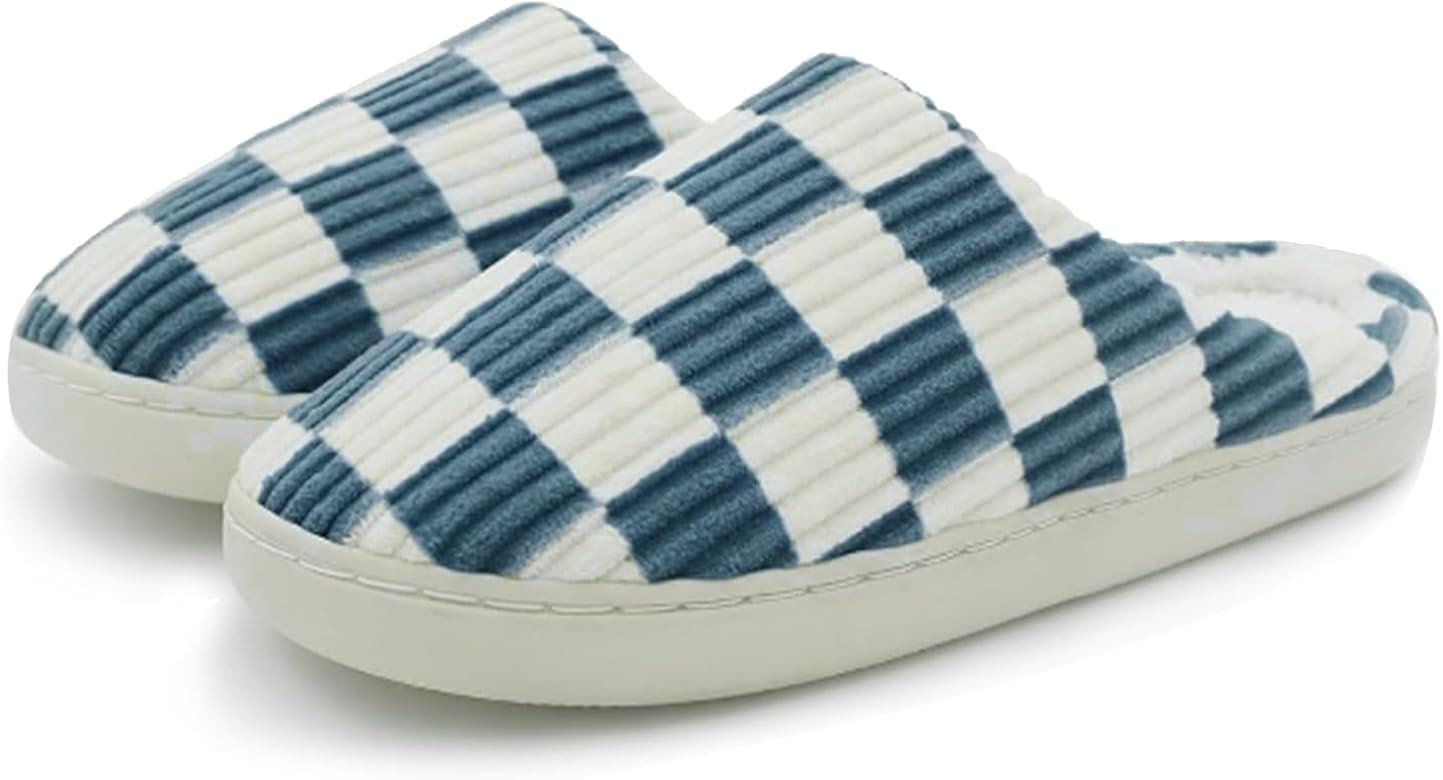 Women Home Fuzzy Slippers - Memory Foam Checkered Plaid Scuff Non-Slip Indoor Outdoor Comfortable... | Amazon (US)