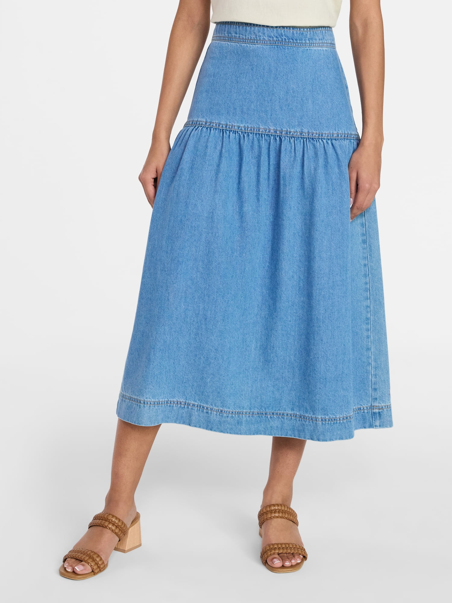 Time and Tru Women's Drapey Denim Midi Skirt, Sizes 0-20 | Walmart (US)