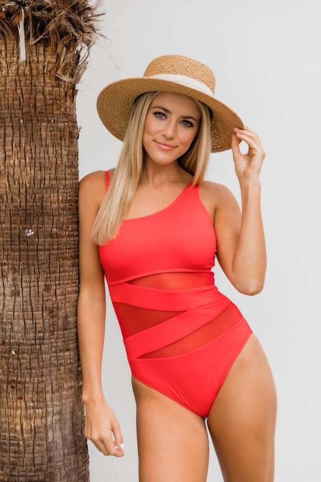 Meet Me At Waikiki Red One Shoulder Swimsuit | The Pink Lily Boutique