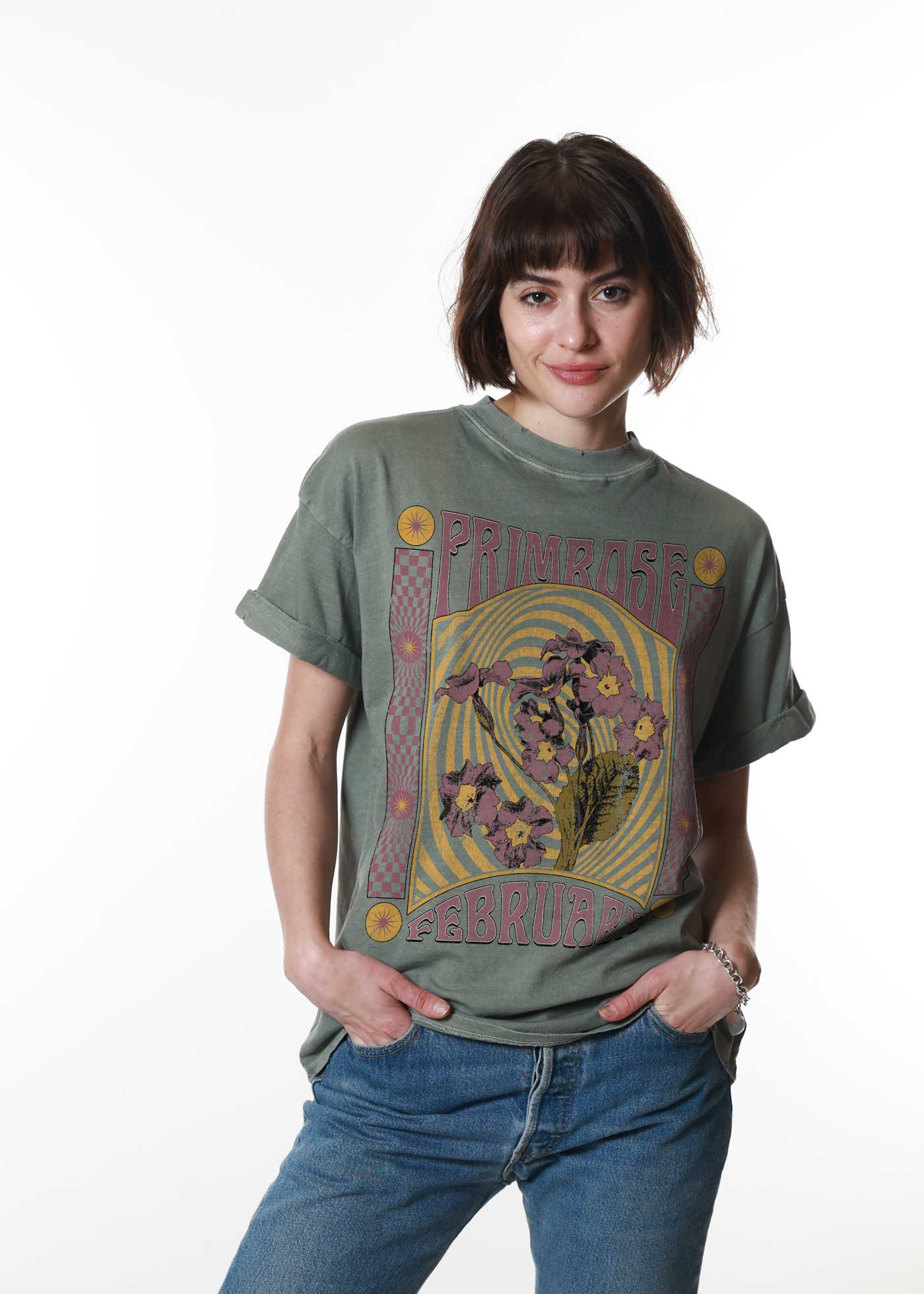 GirlDangerous: February Primrose Psychedelic Army Green Boyfriend Tee | Girl Dangerous