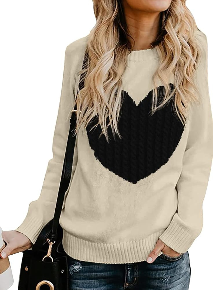 QIXING Women's Pullover Sweater Round Neck Long Sleeve Heart-Shaped Sweater | Amazon (US)