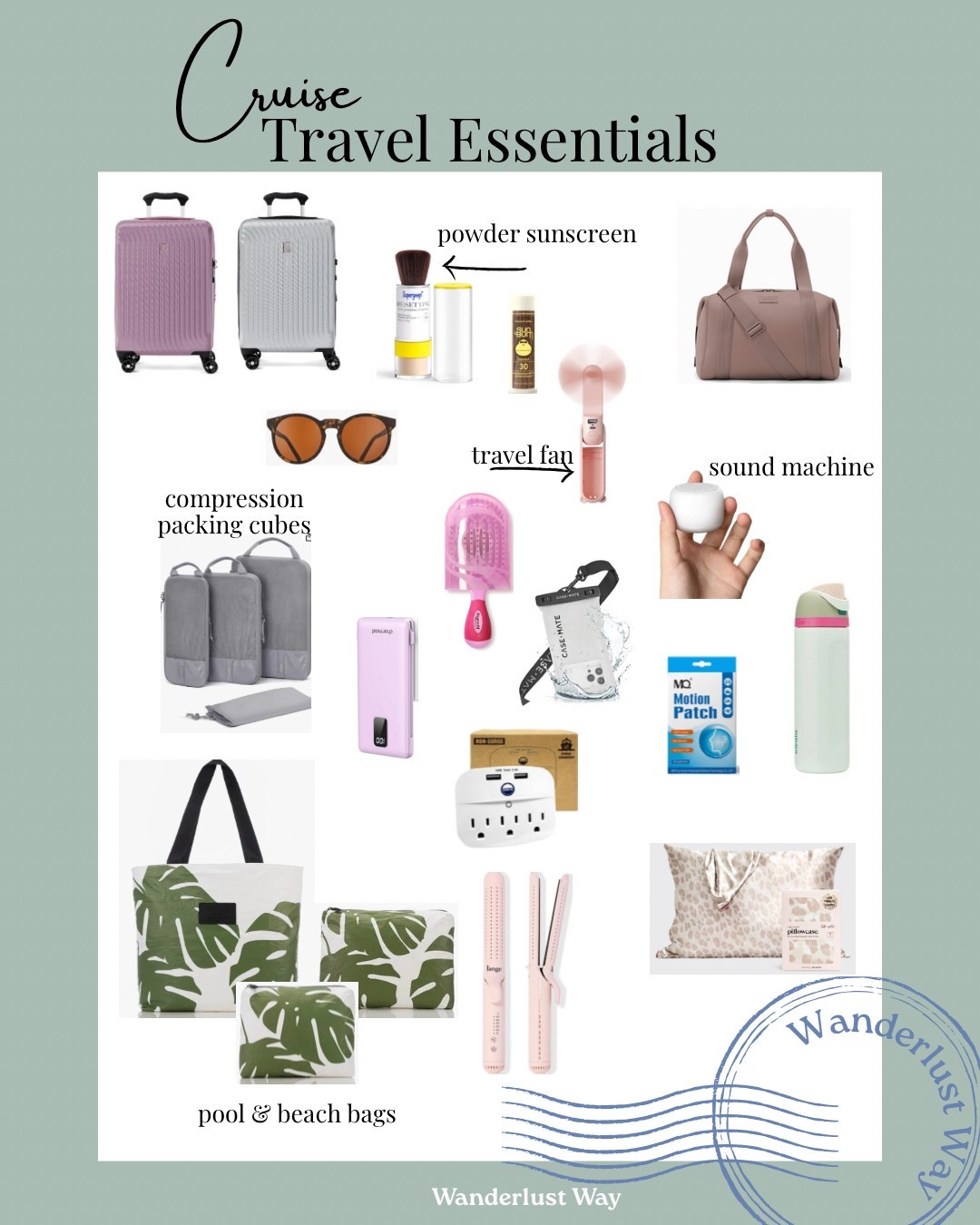 Cruise Travel Essentials

Power strip (non surge protected), dual voltage flat iron, tripod, passport holder, motion sickness patches, sunscreen, sunglasses, travel brush, travel fan, air tags, compression packing cubes, portable charger, travel pillow case, carry on, personal item, beach bag

#LTKFamily #LTKTravel #LTKActive