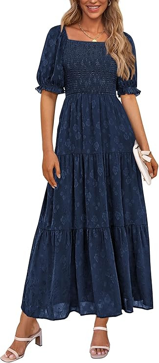PRETTYGARDEN Women's 2026 Summer Casual Midi Dresses Square Neck Short Sleeve Smocked A Line Flor... | Amazon (US)