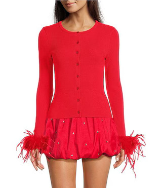 Farrah Feather Trim Crewneck Long Sleeve Sweater Cardigan | Dillard's