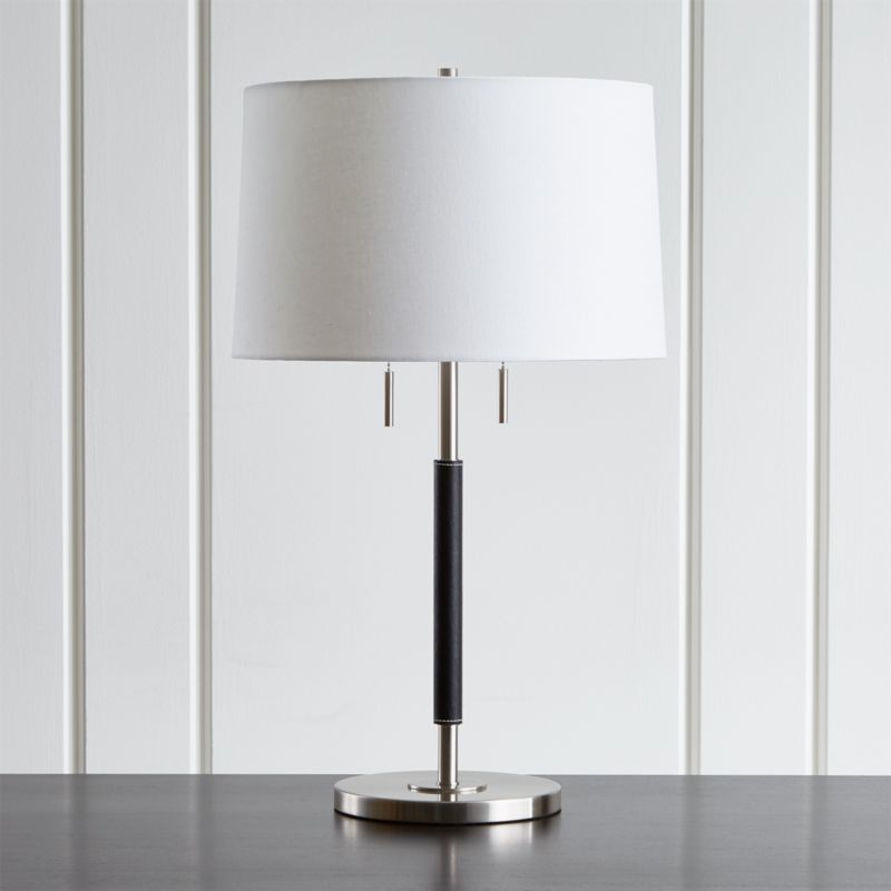 Owen Nickel Table Lamp with Black Leather | Crate & Barrel