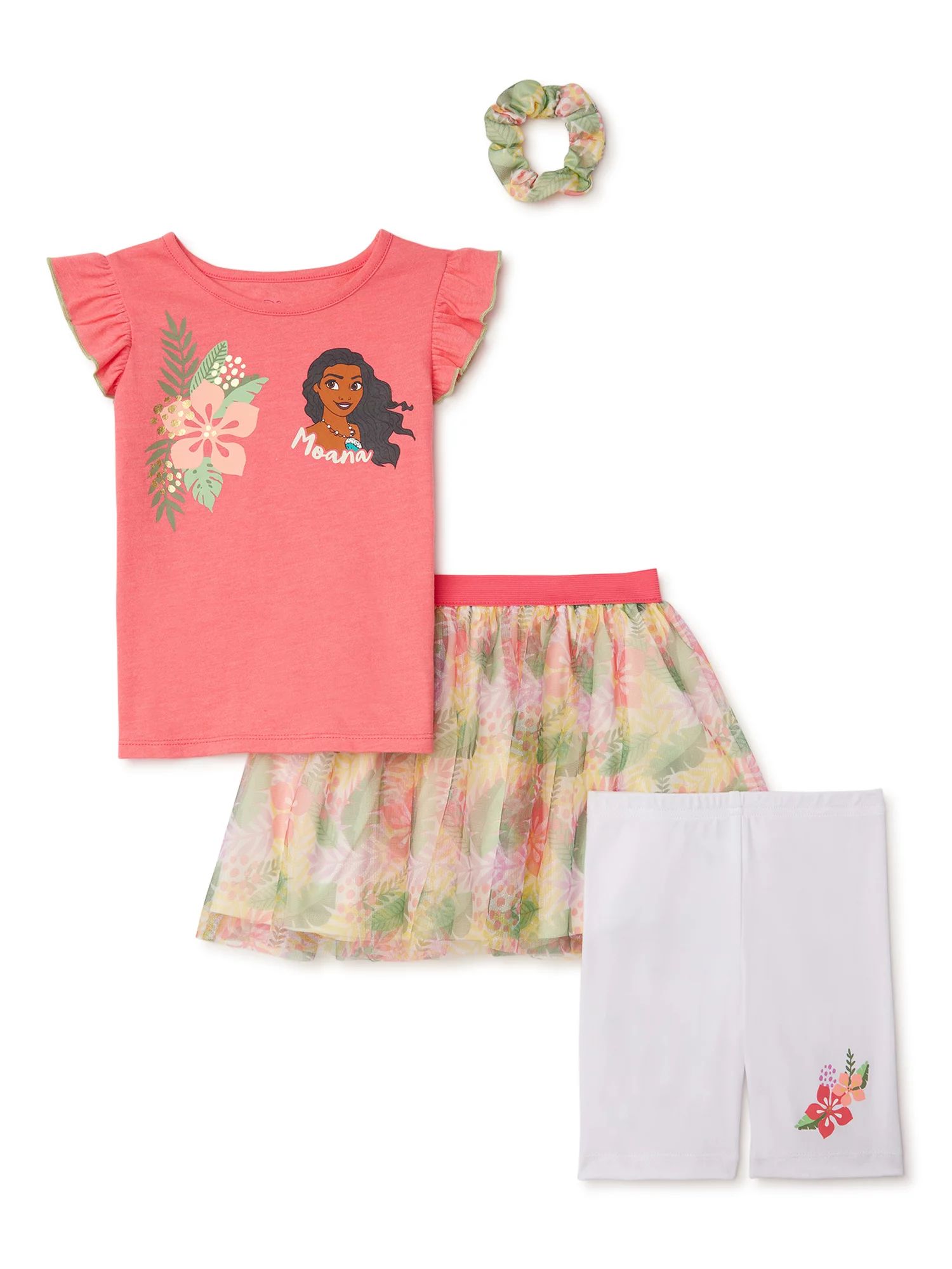 Disney Moana Baby & Toddler Girls Flutter Sleeve Top, Skirt, Biker Shorts & Scrunchie, 4-Piece Ou... | Walmart (US)
