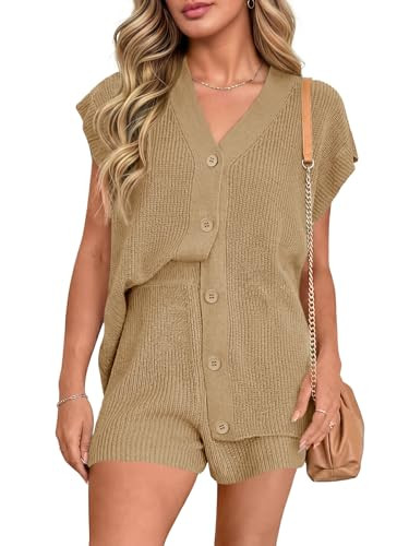 Saodimallsu Womens 2 Piece Outfits Sweater Sets Summer Oversized Cap Sleeve Button Up Cardigans T... | Amazon (US)