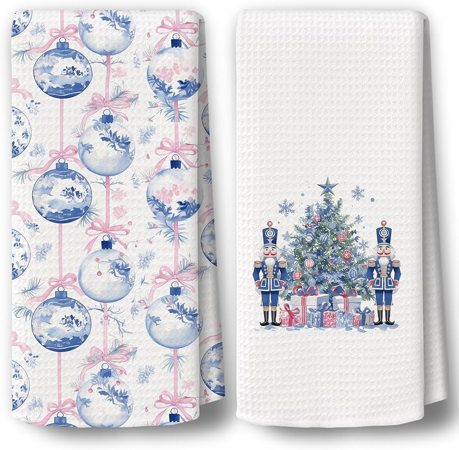 Chinoiserie Christmas Kitchen Towels Decor Set of 2 - Blue Christmas Tree Ball Holiday Hand Tea T... | Amazon (US)