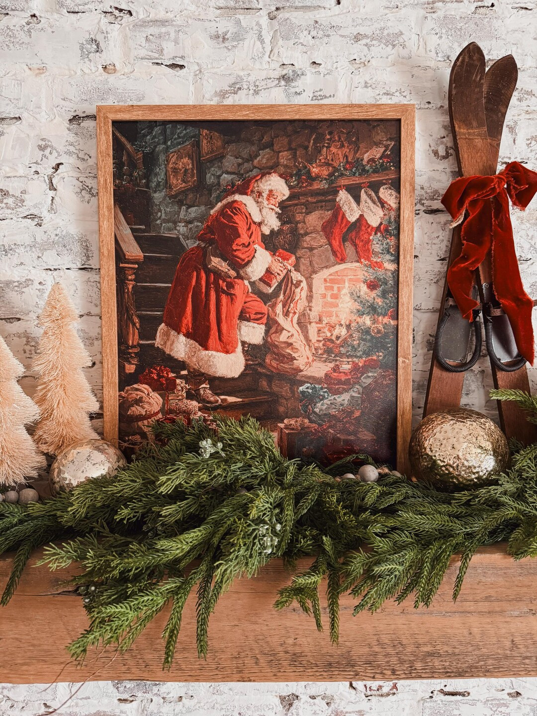 Retro Vintage Santa by Fireplace Framed Artwork Print, Vintage Farmhouse Christmas Decor, Handmad... | Etsy (US)