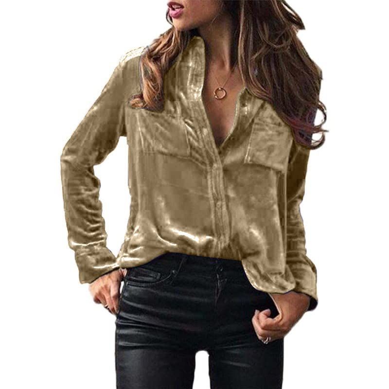 Womens Vintage Velvet Top Winter Fall Casual Long Sleeve Button Down Shirts Blouses with Pockets | Amazon (US)