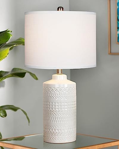 JUNNAI 24.5" White Ceramic Table Lamp: 3-Way Dimmable Nightstand Lamp with White Linen Shade | Office Reading Lamp Bedside Lamp White Lamp for Bedrooms & Living Room (Bulb Included) | Amazon (US)